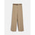 A pair of wide-leg trousers in a warm beige/khaki color, styled with a thin brown leather belt, shown against a light gray background.