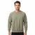 A man wearing a heathered sage green crewneck sweatshirt, shown from the waist up against a plain white background.