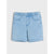 Light blue denim shorts with an elastic waistband and front patch pockets, shown flat against a light gray background.