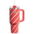 A Stanley 40 oz handled tumbler with a red and white diagonal candy cane stripe pattern, featuring a red handle, clear lid, and white straw.