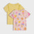 Two short-sleeve children's T-shirts shown flat on a light gray background. The back shirt is pale yellow with ruffle trim along the collar and sleeves.