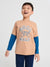 Child wearing a beige and blue long-sleeve shirt with 'Cool Game' text on a white background