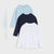 Three long-sleeve crewneck shirts stacked in a fan arrangement on a light gray background. The shirts are white, navy blue, and light blue, with the navy shirt showing a small chest pocket.