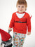 Child wearing a red sweater with a cartoon design on a white background