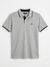 Gray polo shirt with black trim on a light gray background
