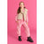 A young girl modeling a pink velour lounge set consisting of a long-sleeve top and matching sweatpants, styled with a beige sherpa-lined vest and black boots against a solid pink background.