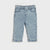 Light blue denim cropped pants for toddlers, featuring an elastic waistband, front pockets, and a straight-leg fit, shown flat on a light gray background.