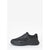 A black low-top sneaker with a chunky, sculpted sole, mesh panels, and synthetic overlays, shown from a side profile on a light gray background.