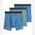 Three pairs of men's boxer briefs from Goodv, arranged in a stacked fan layout on a white background. The front pair is blue with thin white and light blue horizontal stripes and a black waistband.