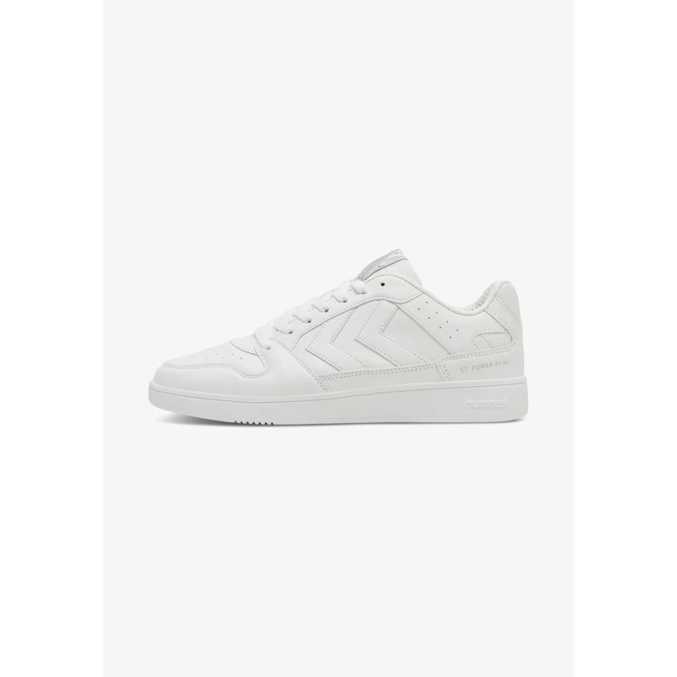 A low-top white leather sneaker shown from the side profile against a clean white background.