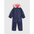 A children's one-piece snowsuit in navy blue with a colorful starry print, featuring a faux-fur trimmed hood with a pink lining, shown against a light gray background.