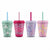 Four reusable straws cups by Elio are lined up on a white background. From left to right, the cups are mint green with panda prints and a light blue straw, hot pink with scallop shell prints and a light pink straw, lavender with unicorn prints and a magenta straw, and pink with yellow palm tree prints and a mint green straw.