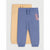 Two pairs of children's jogger pants, one in dusty blue with a dinosaur patch on the pocket and one in pale yellow, displayed flat against a light gray background.