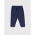 A pair of navy blue sweatpants with an elastic waistband and drawstring, displayed flat against a light gray background.