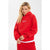 A blonde model wearing a bright red pullover hoodie with 'SUNDAY MOOD ON' printed in white on the left chest, paired with a matching red skirt or pants and a white waistband, against a light gray studio background.