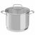 A stainless steel stockpot with a glass lid, featuring side handles and a handle on the lid, with measurement markings visible on the inside of the glass lid.