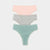 Three pairs of women's lace-trimmed panties stacked vertically on a light gray background. The top pair is light pink, the middle pair is heather gray, and the bottom pair is mint green.