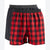 Two pairs of men's boxer briefs shown on a white background: one pair is solid black and the other pair features a red and black buffalo plaid pattern. Both have dark gray elastic waistbands.