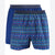 Two pairs of men's boxer briefs shown on a white background. The front pair features a festive blue and red Nordic pattern with reindeer and trees, while the back pair is a solid royal blue.