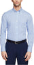 Man wearing a light blue checkered shirt and dark blue pants on a white background