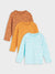 Three children's long-sleeve shirts in brown, orange, and blue with different patterns on a light gray background.