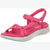 A bright pink comfort sandal with multiple adjustable straps and a thick white sole, shown from a side profile on a white background.