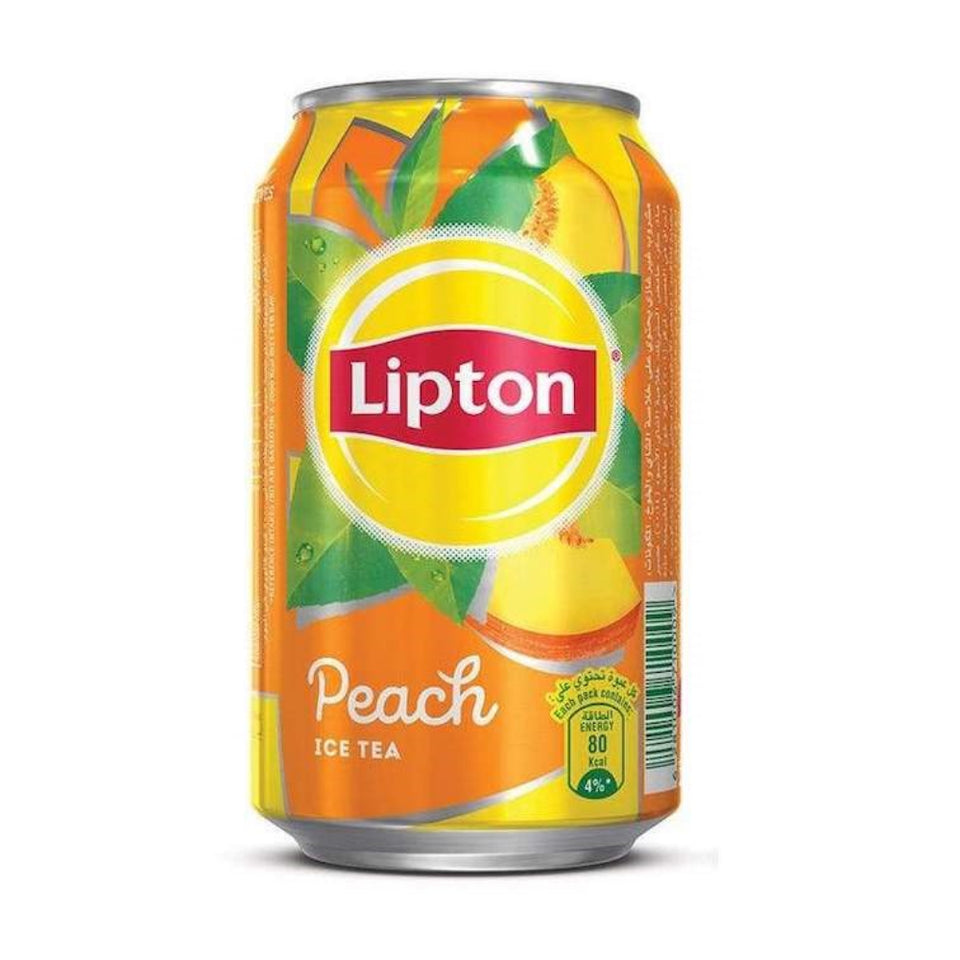 A can of Lipton Peach Ice Tea with a colorful design featuring peach tones and green leaves.