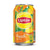 A can of Lipton Peach Ice Tea with a colorful design featuring peach tones and green leaves.