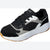 A Skechers sneaker in black, white, and gray with a brown gum outsole, shown from a three-quarters angle on a white background.