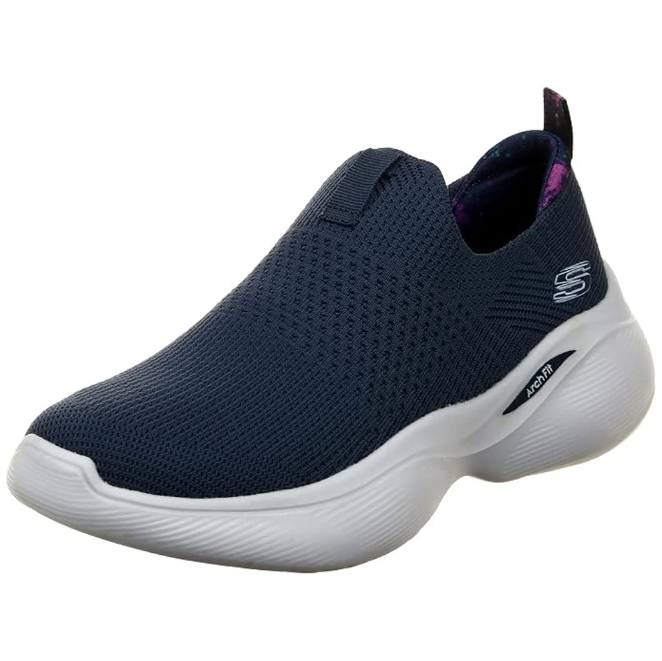 A navy blue knit slip-on sneaker with a thick white sole, featuring the Skechers logo on the side and a purple interior lining.