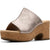 A single women's wedge slide sandal with a metallic taupe upper strap and a natural cork platform heel, shown from a side profile on a white background.