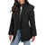 A woman wearing a black hooded puffer jacket with asymmetrical zippers, shown against a plain white background.