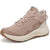 A single low-top athletic shoe in a dusty taupe colorway, featuring a textured mesh upper, matching laces, a thick cream midsole, and a brown outsole, shown against a plain white background.