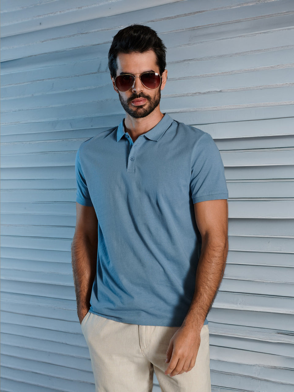 Sinsay Men's Dusty Blue Polo Neck T-Shirt|Sinsay In Lebanon
