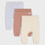Three pairs of baby jogger pants in light heather gray, dusty rose, and cream, arranged in a stacked layout on a light gray background.