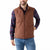 A man wearing a brown quilted zip-front vest over a red and blue plaid flannel shirt, paired with blue jeans, against a plain white background.