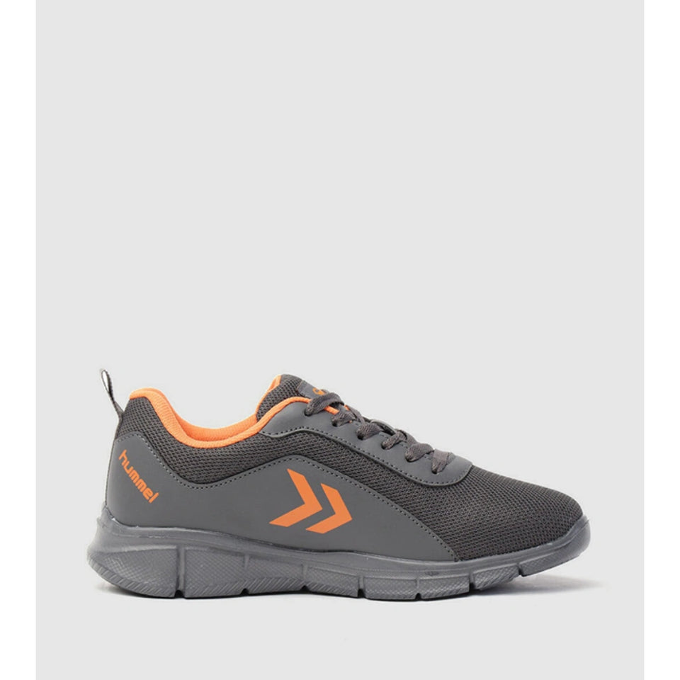 A dark gray athletic sneaker with bright orange accents, including the side logo, heel text, and inner lining, shown in a side profile on a light gray background.
