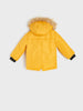 Yellow winter jacket with fur-lined hood on a light gray background