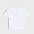 A white short-sleeve baby tee with delicate ruffle trim along the shoulders and sleeves, featuring a small light blue embroidered moon on the chest, displayed against a light gray background.