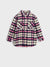 Plaid shirt with pink and purple accents on a light gray background