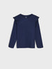Navy blue long-sleeve top with ruffled shoulders on a light gray background