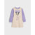 A children's long-sleeve dress with a beige body and lavender purple sleeves, featuring a Minnie Mouse graphic on the chest with the text 'MINNIE'.