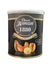 Canister of Ghirardelli Gold Label chocolate with a brand logo on a wooden surface.