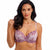 A woman modeling a lavender and purple floral lace underwire bra against a plain white background.