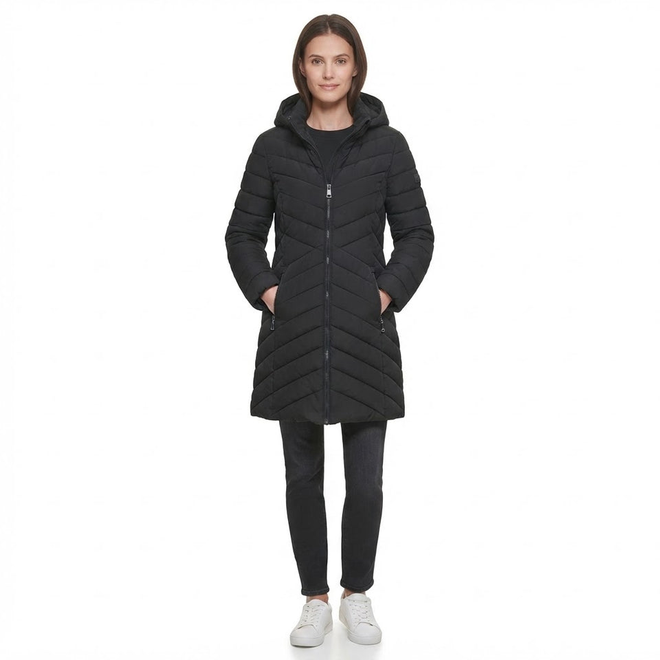 DKNY Women's Black Chevron Pattern Hooded Quilted Puffer Coat