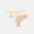 Two pairs of women's thong underwear laid flat on a light gray background. The top pair is a light beige color with a delicate floral lace pattern, and the bottom pair is a solid nude beige.