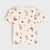 A short-sleeve baby tee with ruffled edges, featuring an all-over Christmas print of reindeer, gingerbread trees, and red gift boxes on a warm cream background.
