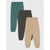 Three pairs of jogger-style pants in different colors, displayed in a vertical overlapping arrangement on a light gray background. The pants are teal green, dark gray, and beige.