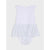 A baby girl's sleeveless romper in white, featuring a solid white top half and a ruffled, white fabric bottom half with a small blue floral print.