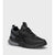 A black athletic sneaker with textured mesh panels, black laces, a black and gray midsole, and a black pull tab with white branding, shown on a light gray background.